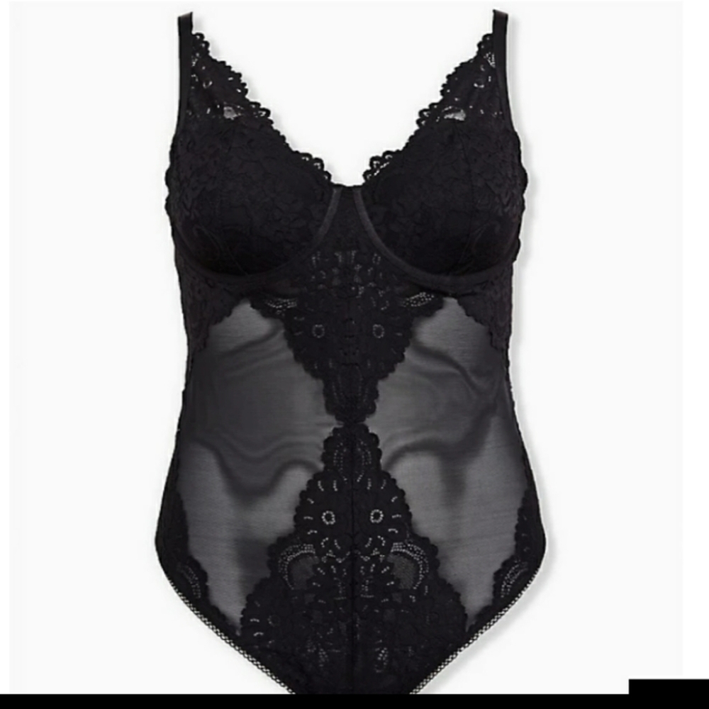 🆕 1X BLACK MESH & LACE UNDERWIRE THONG BODYSUIT